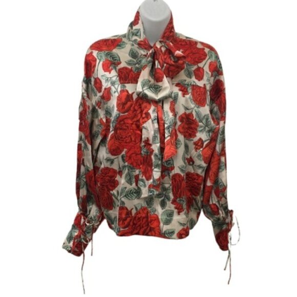 Ganni Rose Print Oversized Tie-Neck Stretch-Silk Blouse - Picture 2 of 15